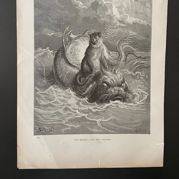 Gustave Dore,  Woodcut Engraving, Antique Print, The Monkey and the Dolphin - Picture 5 of 5